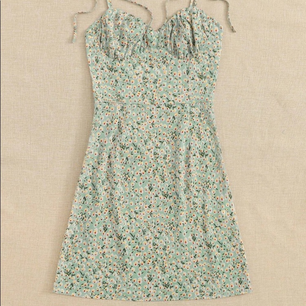 Shein Green Ditsy Floral Tie-Shoulder Dress